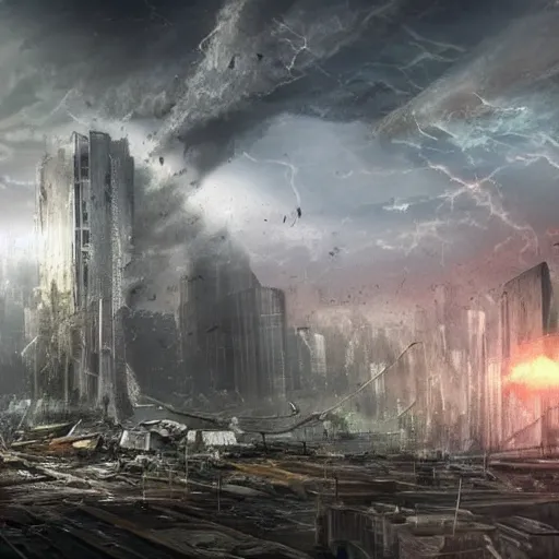 Image similar to damaged city, high - tech, concept art, forest, tornado, war