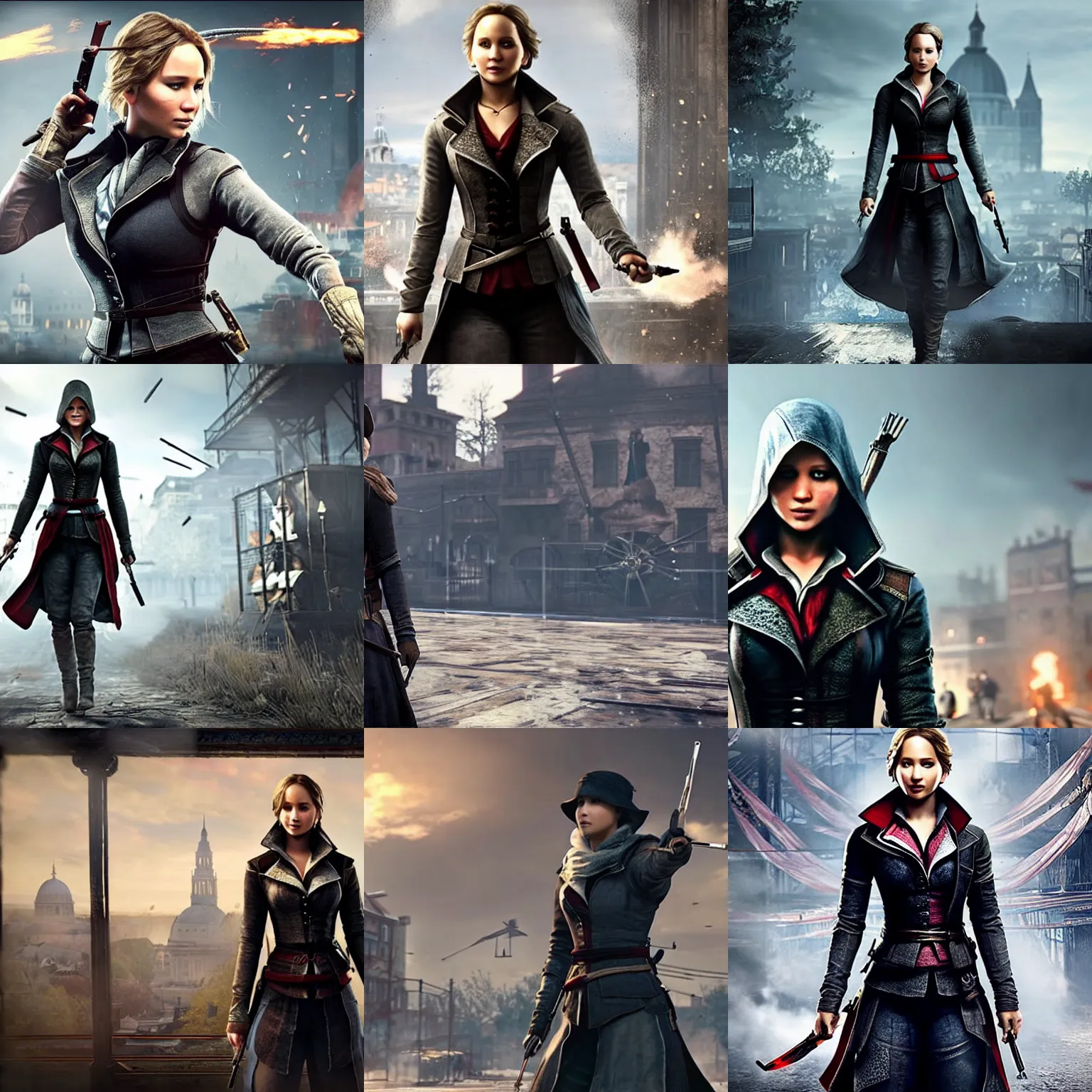 Prompt: Jennifer Lawrence as an assassin, screenshot from the video game Assassin\'s Creed: Syndicate\'