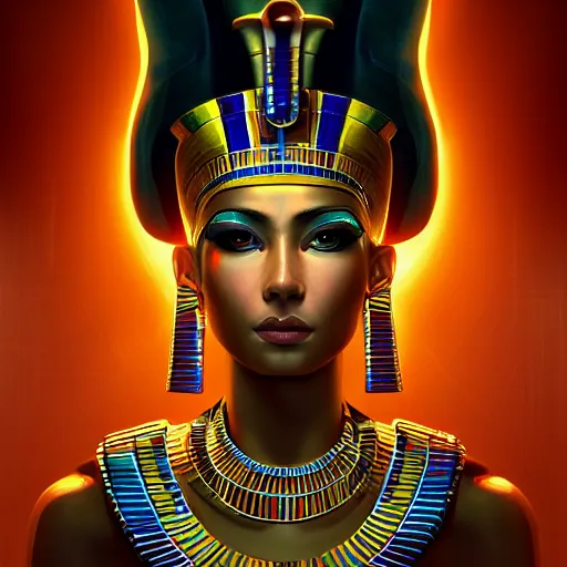 Prompt: a stunning artstation style portrait painting of an Egyptian goddess, in the style of WLOP, eyes filled with a hypnosis spiral, 8k masterpiece, cinematic lighting, pristine clean design, fantasy, insanely detailed, atmospheric