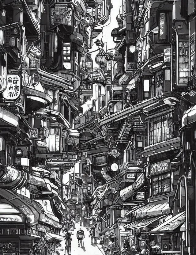 Image similar to a detailed manga illustration of a retro sci - fi city street on an alien world, trending on artstation, digital art, 4 k resolution, detailed, high quality, sharp focus, hq artwork, coherent, insane detail, character portrait