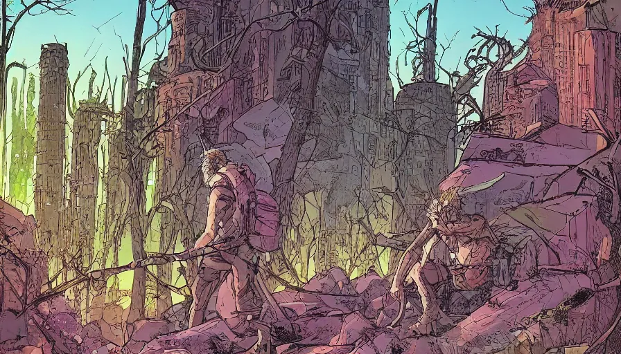 Image similar to ligne claire art of a druid in postapocalyptic city intertwined with nature in the open space, street - level view, by moebius, bright colors, eisner award - winning spread