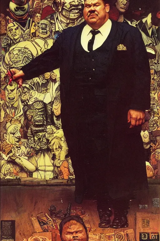 Image similar to full length portrait of huge akebono taro as marvel's kingpin dressed as gangster, new york, painted by lawrence alma tadema, zdzislaw beksinski, norman rockwell, jack kirby, tom lovell, greg staples