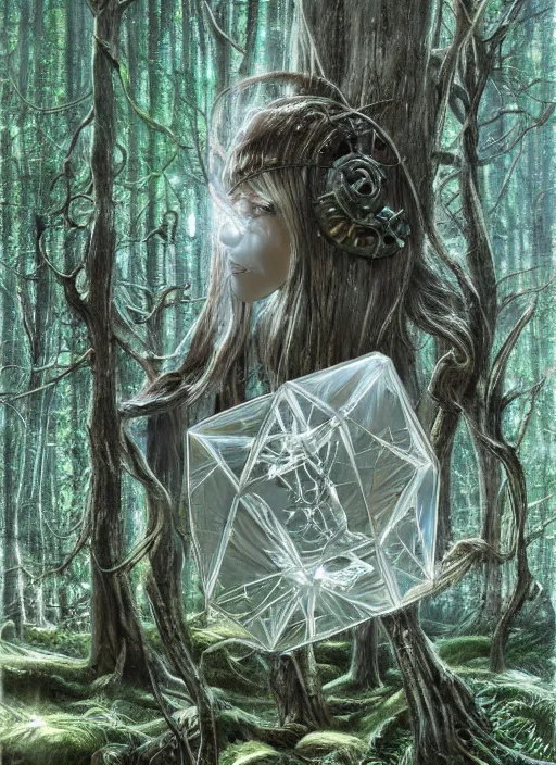 Image similar to a crystal cube in a forest, highly detailed, intricate, concept art, art station, cinematic light, realistic, ethereal light, art by H.R. Giger and sorayama