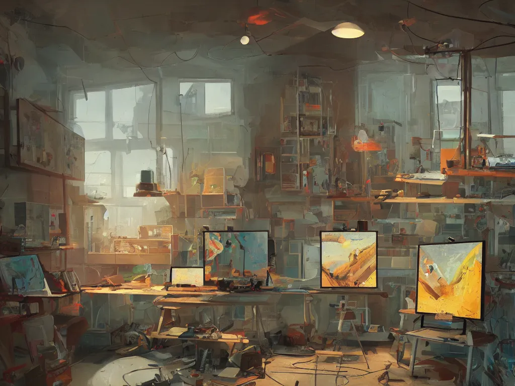 Image similar to an art studio in a painting from stalenhag, 4 k, 8 k, hdr, artstation, concept art