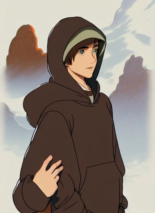 Image similar to teen boy with short brown hair, wearing a hoodie, hood up, natural lighting, path traced, highly detailed, high quality, cartoon, digital painting, by don bluth and ross tran and studio ghibli and alphonse mucha