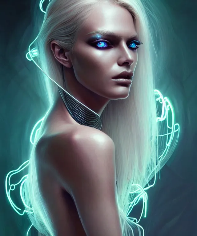 Prompt: Supermodel woman turning into an Android portrait, dark surrealism , scifi, intricate, elegant, sharp eyebrows, ornate long flowing blonde hair, highly detailed cybernetic body, neon glowing eyes, digital painting, artstation, concept art, smooth, sharp focus, illustration, art by Artgerm and moebius and Peter Mohrbacher