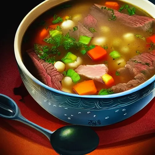 Image similar to a bowl of steak soup on a table lower corner view in the style of studio ghibli, manhwa, painterly, fancy