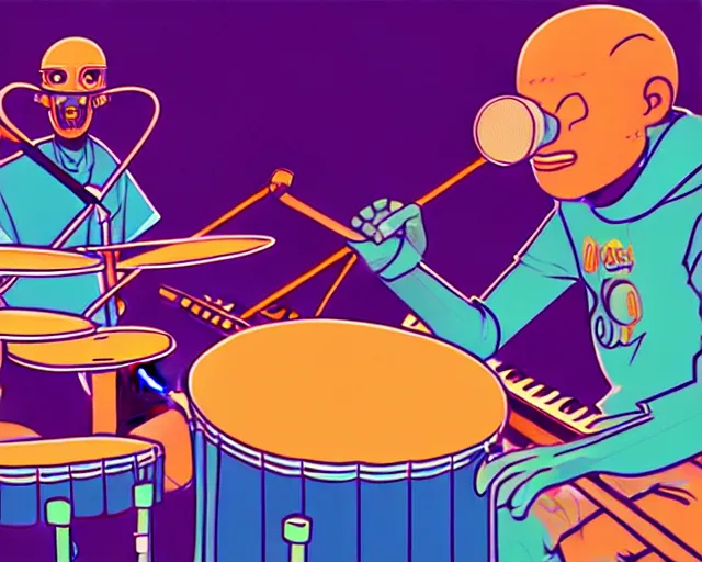 Image similar to a study of cell shaded cartoon of a two man band playing a synthesizer and drums, loud colors, post grunge, concept art by josan gonzales and wlop, by james jean, Victo ngai, David Rubín, Mike Mignola, Laurie Greasley, highly detailed, sharp focus, Trending on Artstation, HQ, deviantart, art by artgem