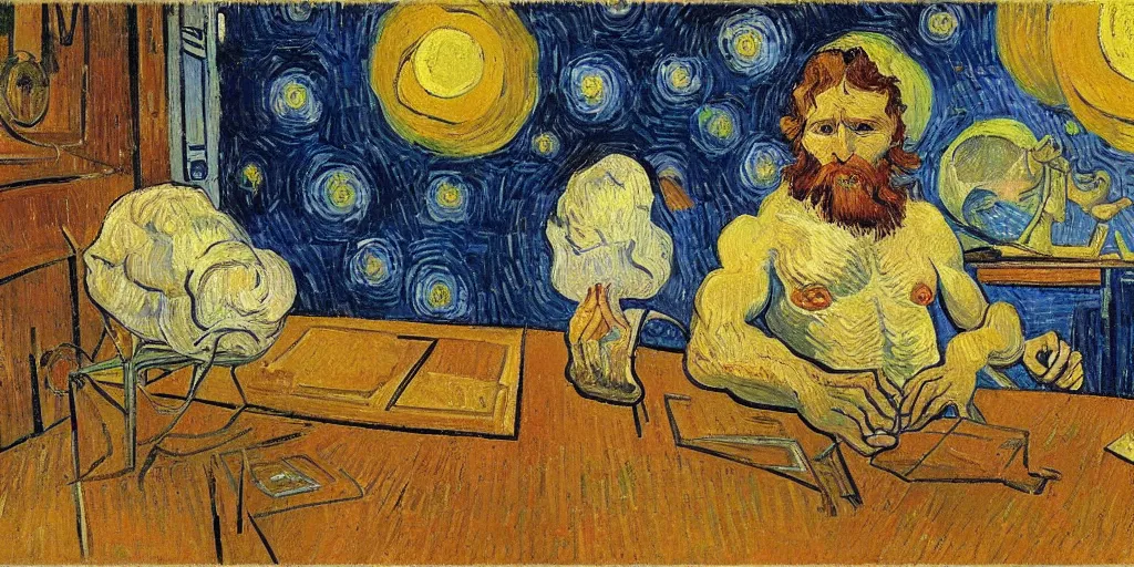 Image similar to a greek god sitting at his desk on the surface of the moon, national geographic, detailed, oil painting, vincent van gogh, gaugin, modigliani