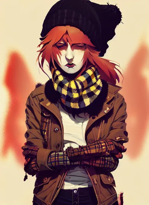 Image similar to highly detailed portrait of a sewer punk lady student, beanie, tartan scarf, wavy blonde hair by atey ghailan, by greg rutkowski, by greg tocchini, by james gilleard, by joe fenton, by kaethe butcher, gradient red, black, brown and gold color scheme, grunge aesthetic!!! white graffiti tag wall background