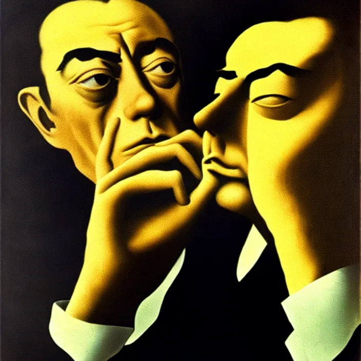 Image similar to camus pondering about the absurdity of existence, by salvador dali and rene magritte, oil on canvas, dramatic lighting