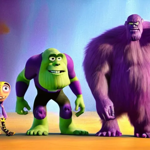 Prompt: Thanos in monsters Inc. 4K quality photorealism