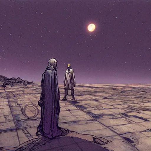 Image similar to Beggar priest in busy spaceport on luna 5 colony. Concept art by James Gurney and Mœbius.