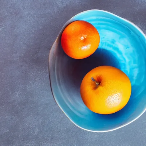 Prompt: A single blue apple in a bowl full of oranges, one blue apple in a bowl, ten oranges in the same bowl, 4k, photo, hd,