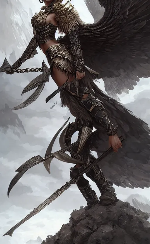 Image similar to valkyrie standing triumphantly atop a pile of bones, epic fantasy, insane details, illustration, artstation, intricate, sharp focus, elegant, concept art, art by stanley lau, artgerm