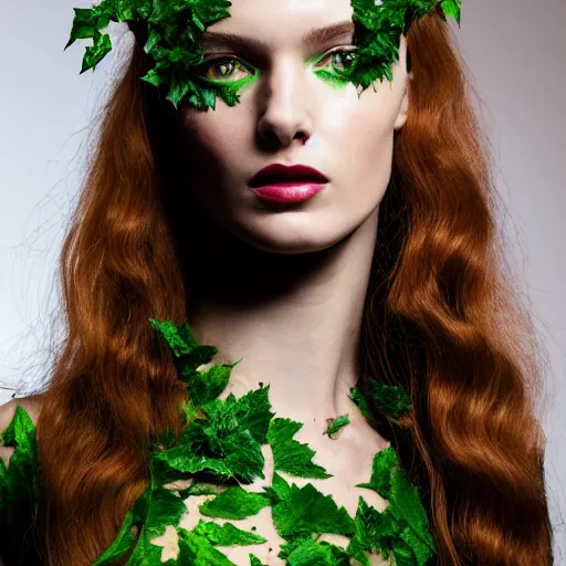 Prompt: A beautiful portrait of Daria Strokous as Poison Ivy from Batman and a model at Maybelline fashion show as a model Spring/Summer 2018, highly detailed, in the style of cinematic, Milan fashion week backstage, Extreme close up, Makeup by Pat McGrath, Hair by Guido Palau, Greg rutkowski