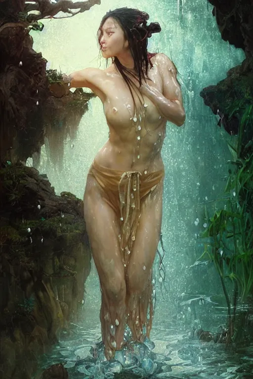 Prompt: portrait of a beautiful woman wearing a shaolin robe, drenched body, wet dripping hair, emerging from the water, fantasy, regal, fractal crystal, fractal gems, by stanley artgerm lau, greg rutkowski, thomas kindkade, alphonse mucha, loish, norman rockwell ross tran