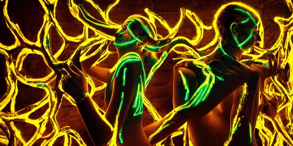 Image similar to love, people with glowing body paint, rebirth symbolism, wide angle, cinematic atmosphere, elaborate, UV, Blacklight, highly detailed, dramatic lighting