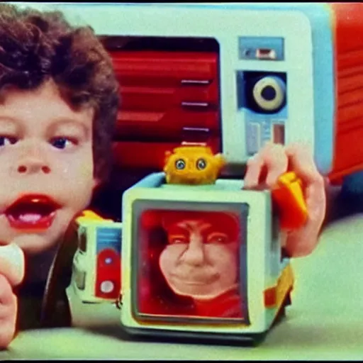 Image similar to vhs footage of an 8 0 s toy commercial of a super creepy toy