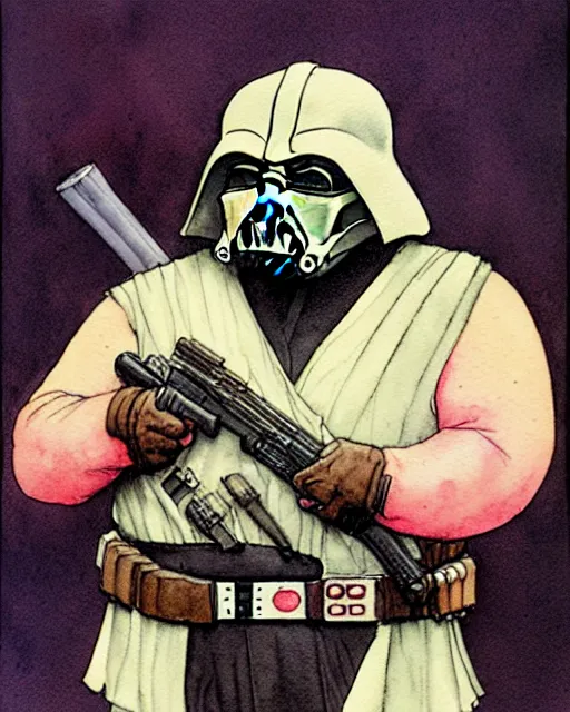 Image similar to a realistic and atmospheric watercolour fantasy character concept art portrait of a fat, chibi darth vader with pink eyes wearing a wife beater and holding a gun. by rebecca guay, michael kaluta, charles vess and jean moebius giraud