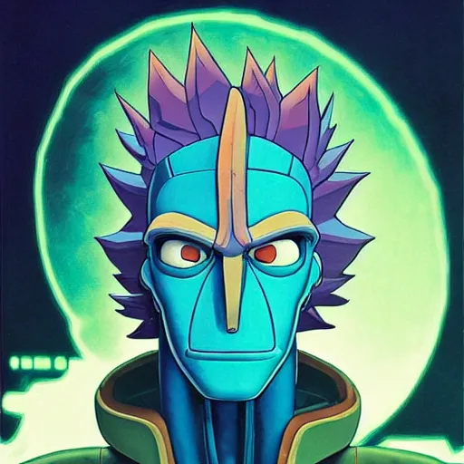 Prompt: 1 0 7 7 autobot rick sanchez bender futurama portrait by charles vess and james jean and erik jones and rhads, inspired by ghost in the shell, beautiful fine face features, intricate high details, sharp, ultradetailed
