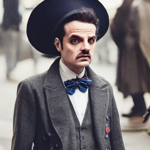 Image similar to [UHD candid photo of Professor Moriarty on the streets of futuristic steampunk London, correct face, accurate details, graphic detail, sharp focus by Annie Leibowitz]