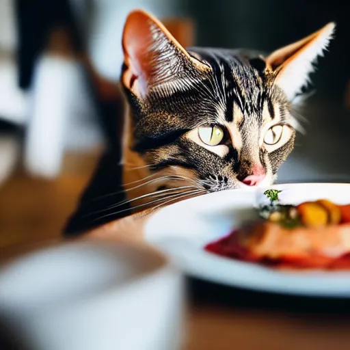 Image similar to A photo of a cat wearing a suit sitting in a fancy and expensive gourmet restaurant and eating a plate of cat food. f/2.8, dim lighting, award winning photo