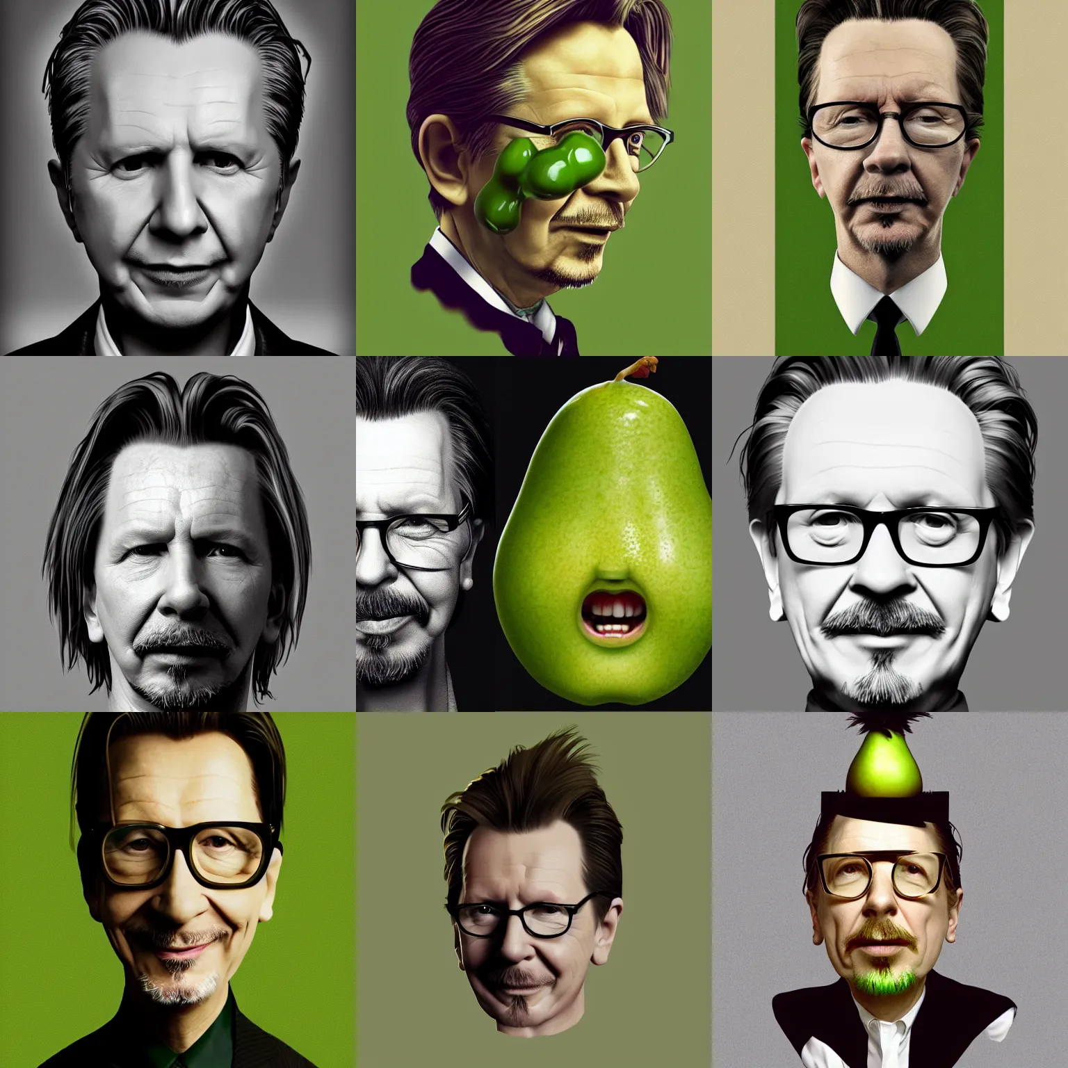 Prompt: a portrait of gary oldman as a pear, his head is a pear, pear for a head, pear fruit, green pear face, trending on artstation