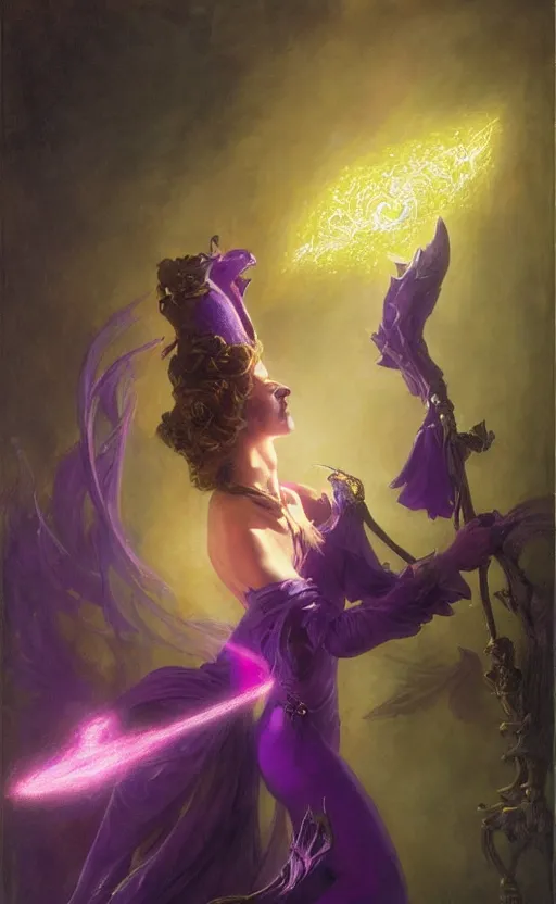 Prompt: cleric casting a powerful spell purple spell by adrian smith and delphin enjolras and daniel f. gerhartz