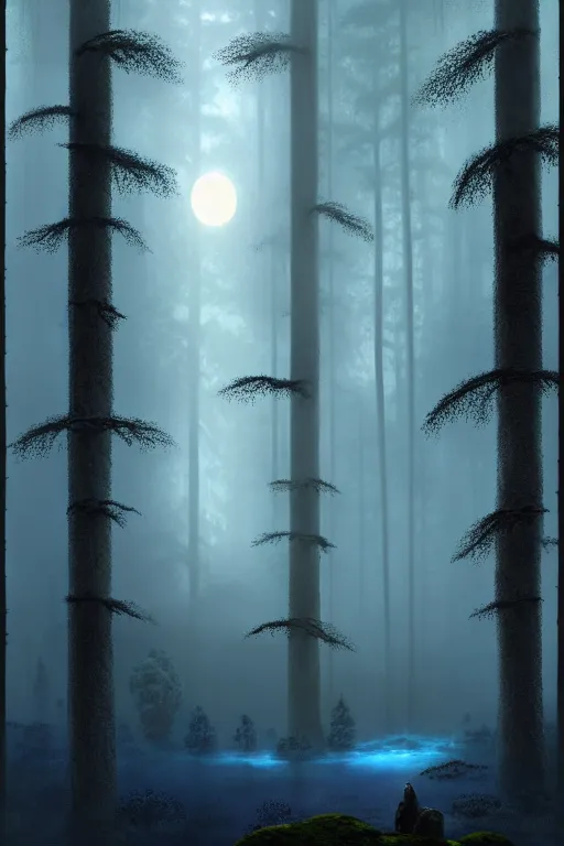 Prompt: emissary a dark moody forest moon home of the furry yellow eyed ewoks, small fires illuminating the forest, foggy blue hour, light traveling through the trees, small creek, ( designated : ix 3 2 4 4 - a ) by arthur haas and bruce pennington and john schoenherr, cinematic matte painting, 8 k, dark color palate