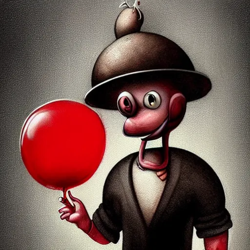 Image similar to surrealism grunge cartoon portrait sketch of a mushroom with a wide smile and a red balloon by - michael karcz, loony toons style, mona lisa style, horror theme, detailed, elegant, intricate