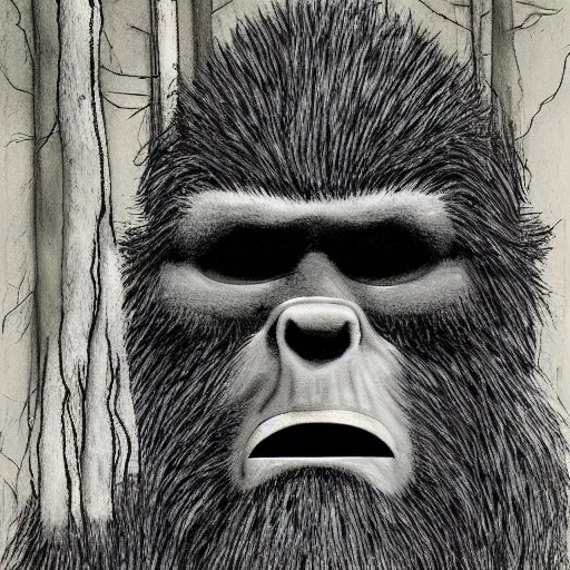 Image similar to portrait of bigfoot in the woods artwork by ben templesmith