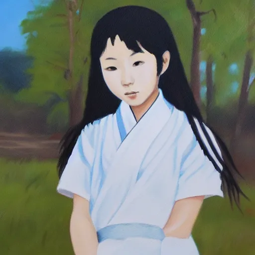 Image similar to a painting of Japanese schoolgirl, clothed, acryl