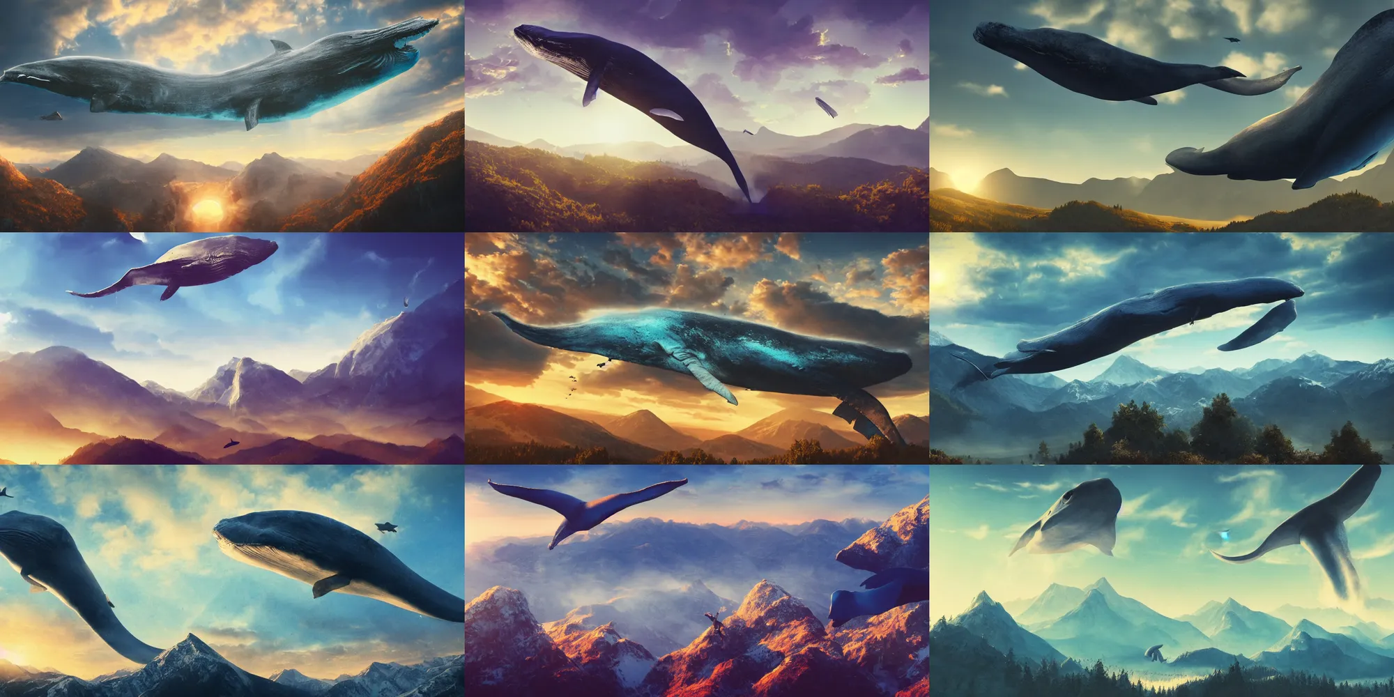 Prompt: a huge blue whale is flying high in the sky above the mountains, epic, surreal, cinematic shot, golden hour, artstation, deviantart, dreamy atmosphere, high definition