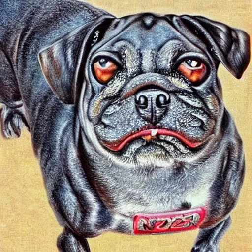 Image similar to hybrid Nissan 300zx pug dog, intricate detail, exquisite art, airbrush illustration,