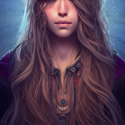 Image similar to portait centred, very long hair, hd, hyperdetailed illustration by irakli nadar, intricate linework, bright colors, octopath traveler, final fantasy, unreal engine 5 highly rendered, global illumination, radiant light