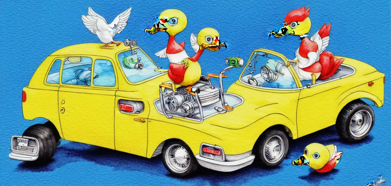 Prompt: cute and funny, duck riding in a tiny hot rod with oversized engine, ratfink style by ed roth, centered award winning watercolor pen illustration, isometric illustration by chihiro iwasaki, edited by range murata, tiny details by artgerm and watercolor girl, symmetrically isometrically centered