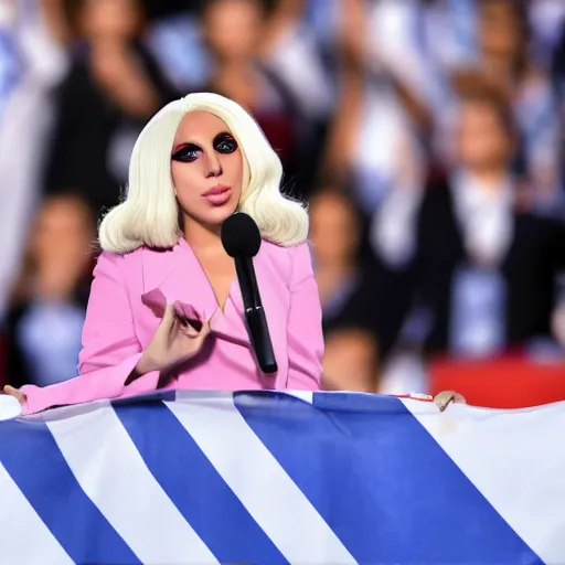 Image similar to Lady Gaga as president, Argentina presidential rally, Argentine flags behind, bokeh, giving a speech, detailed face, Argentina