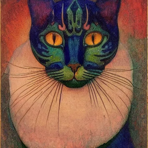 Image similar to cloisonne cat head, by annie swynnerton and diego rivera and nicholas roerich and jean delville, symbolist, dramatic lighting, god rays, art brut, rich colors, smooth, sharp focus, extremely detailed, adolf wolfli and ( donato giancola and bilibin )