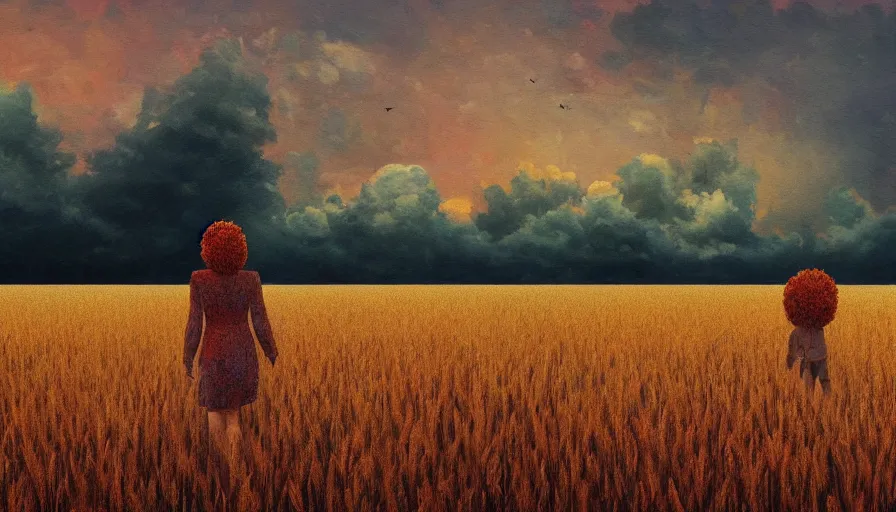 Image similar to giant red carnation afro head, full body, full body, girl walking through empty wheat field, surreal photography, forest background, sunrise dramatic light, impressionist painting, colorful clouds, digital painting, pointillism, artstation, simon stalenhag