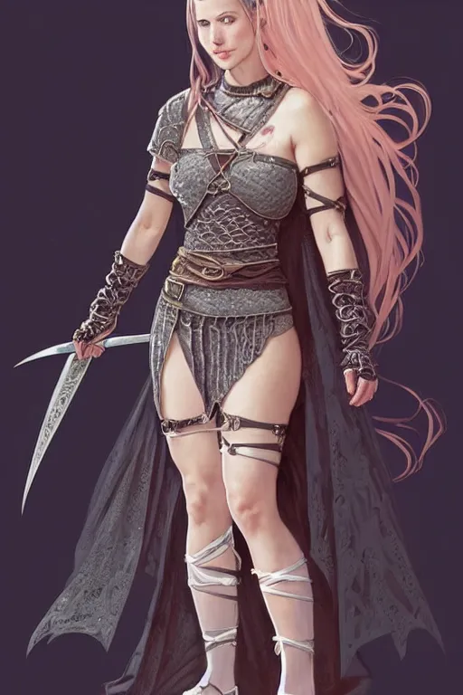 Image similar to Portrait of seductive female fighter, D&D, revealing stylish dress like chainmail, choker on neck, very long flowing hair, mouth slightly open, cute slightly nerdy smile, fantasy, intricate, elegant, stylish, highly detailed, digital painting, artstation, concept art, smooth, sharp focus, illustration, art by artgerm and greg rutkowski and alphonse mucha