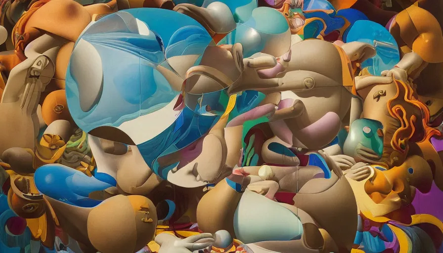 Prompt: 3 d cyber hybrid embelli consciousness art by kaws, james jean and salvador dali and shusei nagaoka, textured oil on canvas, expanded surrealism, neoclassicism, renaissance, depth of field, hyper realistic, cell shaded, metallic reflections, physically based rendering, 8 k