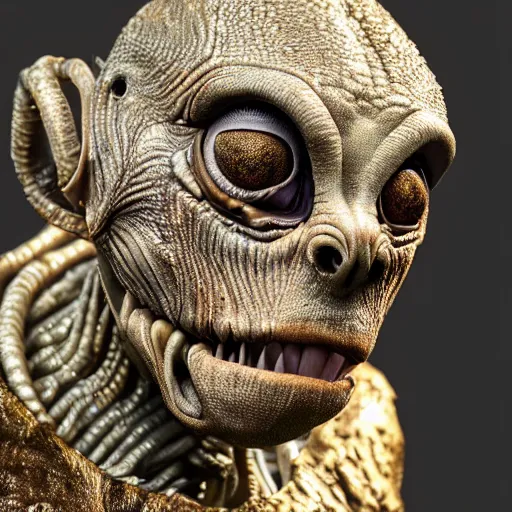 Prompt: photo taken of an epic intricate, ultra detailed, super realistic gritty, wet, lifelike sculpture of an alien grey creature created by weta workshop, zoomed in shots, sublime subsurface scattering, photorealistic, sharp focus, white wall coloured workshop, desaturated, cold colour temperture, f 0. 4, face centred, golden ratio, golden hour