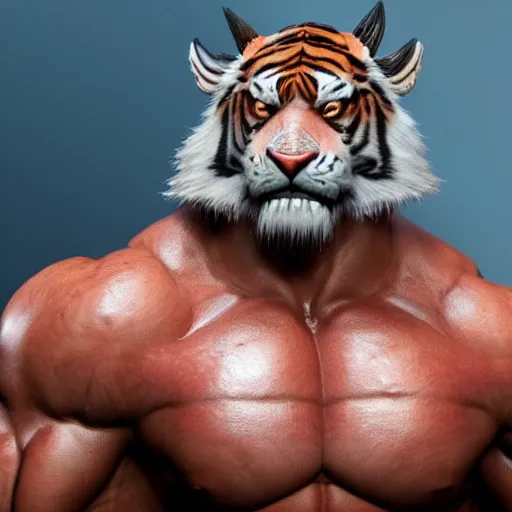 Prompt: a handsome muscular bodybuilding anthropomorphic male sabretooth tiger, white fur with no stripes, blue right eye, red left eye, unreal engine, full body pose, face visible.