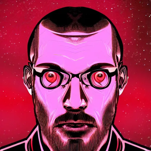 Image similar to portrait of a bald man, synthwave, universe background, symmetrical, artstation