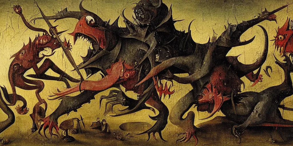 Image similar to a tarrasque fighting a powerful wizard as drawn by hieronymus bosch, oil painting, highly detailed