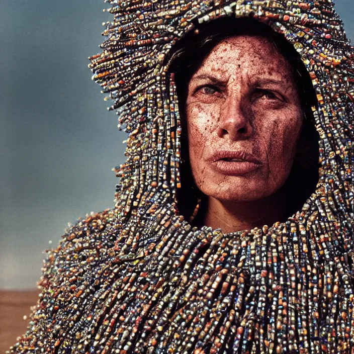 Image similar to closeup portrait of a woman with a hood made of nails and rainbows, standing in a desolate apocalyptic landscape, by Annie Leibovitz and Steve McCurry, natural light, detailed face, CANON Eos C300, ƒ1.8, 35mm, 8K, medium-format print