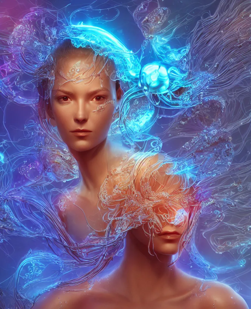 Image similar to close-up macro portrait of the face of a beautiful princess, epic angle and pose, symmetrical artwork, 3d with depth of field, blurred background, cybernetic jellyfish female face skull phoenix bird, translucent, nautilus, energy flows of water and fire. a highly detailed epic cinematic concept art CG render. made in Maya, Blender and Photoshop, octane render, excellent composition, cinematic dystopian brutalist atmosphere, dynamic dramatic cinematic lighting, aesthetic, very inspirational, arthouse. y Greg Rutkowski, Ilya Kuvshinov, WLOP, Stanley Artgerm Lau, Ruan Jia and Fenghua Zhong