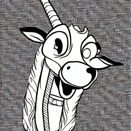 Image similar to billy the Disney goat with a whole churro in his mouth, line art