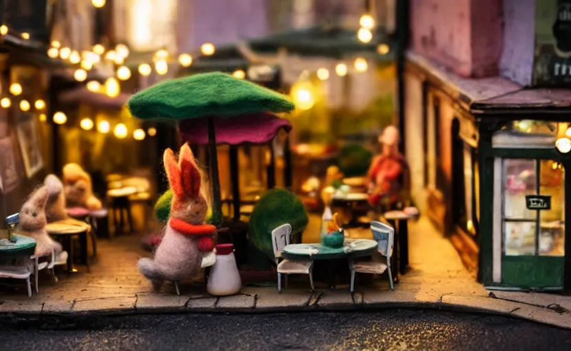 Image similar to miniature cafe diorama, macro photography, cafe with felted bunnies on a date, alleyway, ambient, atmospheric lighting, british, cozy, bokeh, romantic, colorful lanterns, cute decor